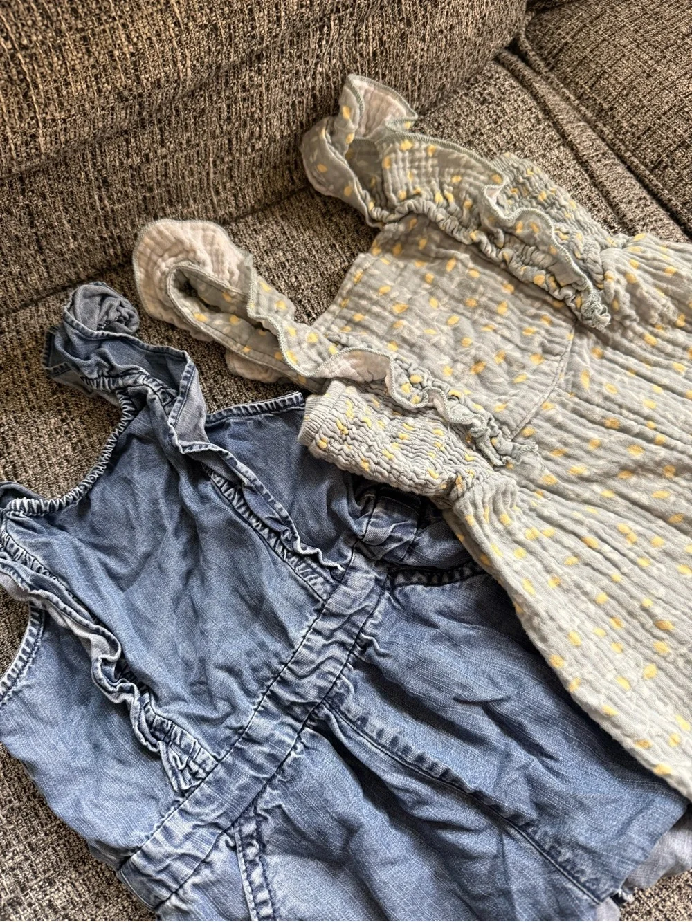 Toddler Romper Shorts in Light Blue and Gray with Yellow Dots